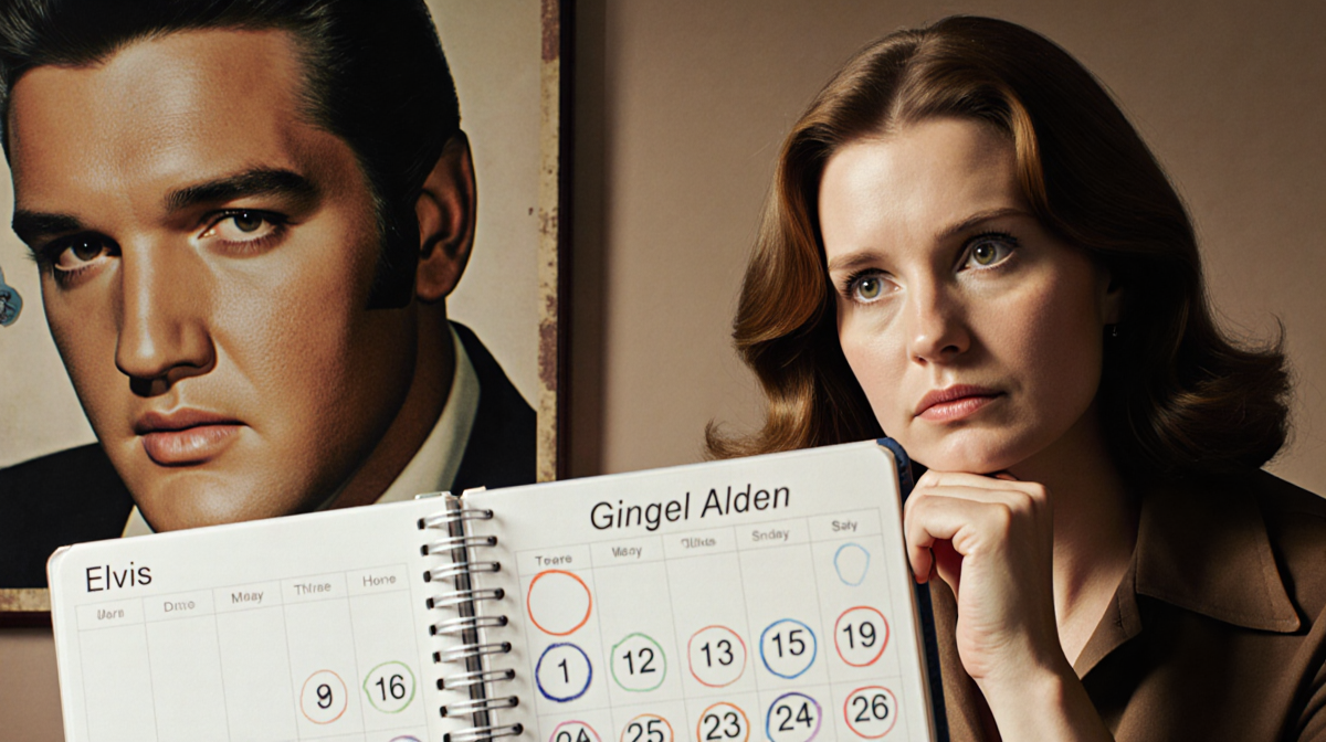 Ginger Alden sits before a calendar with circled dates and an Elvis Presley poster in the background