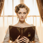 Ginger Alden stands a vintage portrait holding a leather photo album with a worn velvet curtain and warm sunset glow gazing