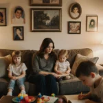 Ginnifer Goodwin sits with her children on couch with family photos on wall showing her acting memorabilia