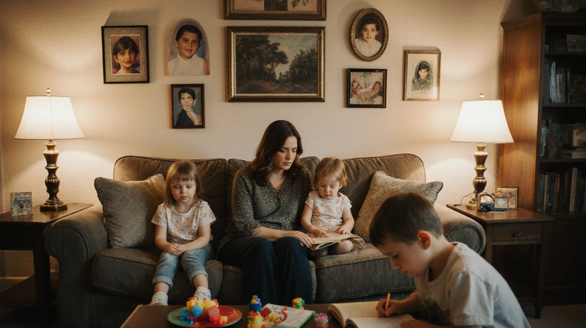 Ginnifer Goodwin sits with her children on couch with family photos on wall showing her acting memorabilia