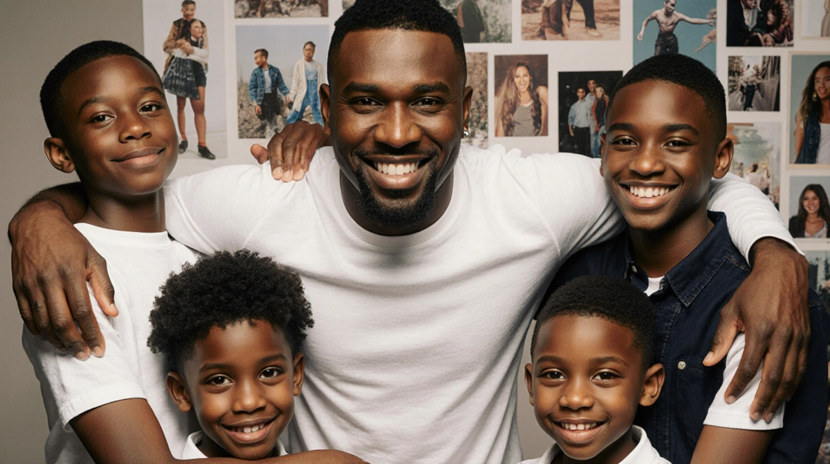 Ginuwine stands with his sons holding hands and smiling together with family photos showing his daughters