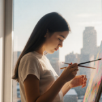 15-year-old girl standing with paintbrush in hands and eyes down in front of art exhibit with vibrant colors and warm light