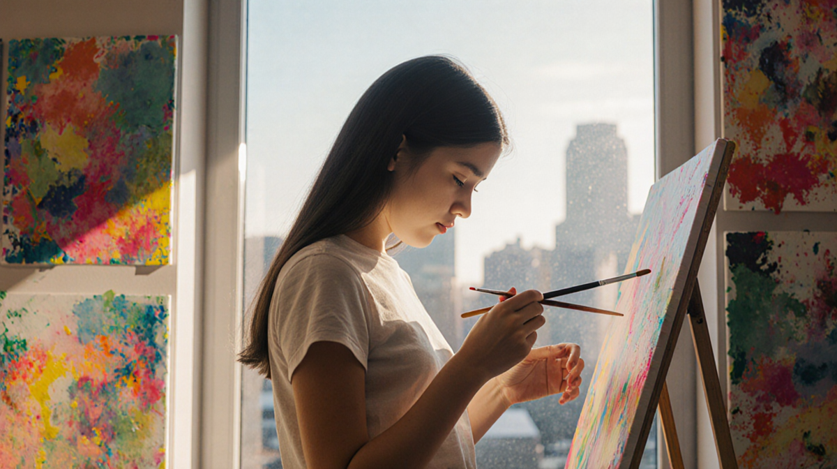 15-year-old girl standing with paintbrush in hands and eyes down in front of art exhibit with vibrant colors and warm light