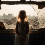 Young girl standing before broken train wreck window with reflection of devastated area and golden light from broken glass