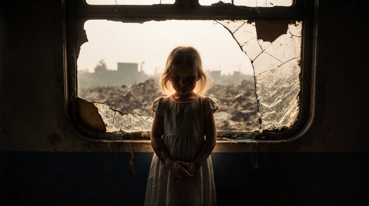 Young girl standing before broken train wreck window with reflection of devastated area and golden light from broken glass