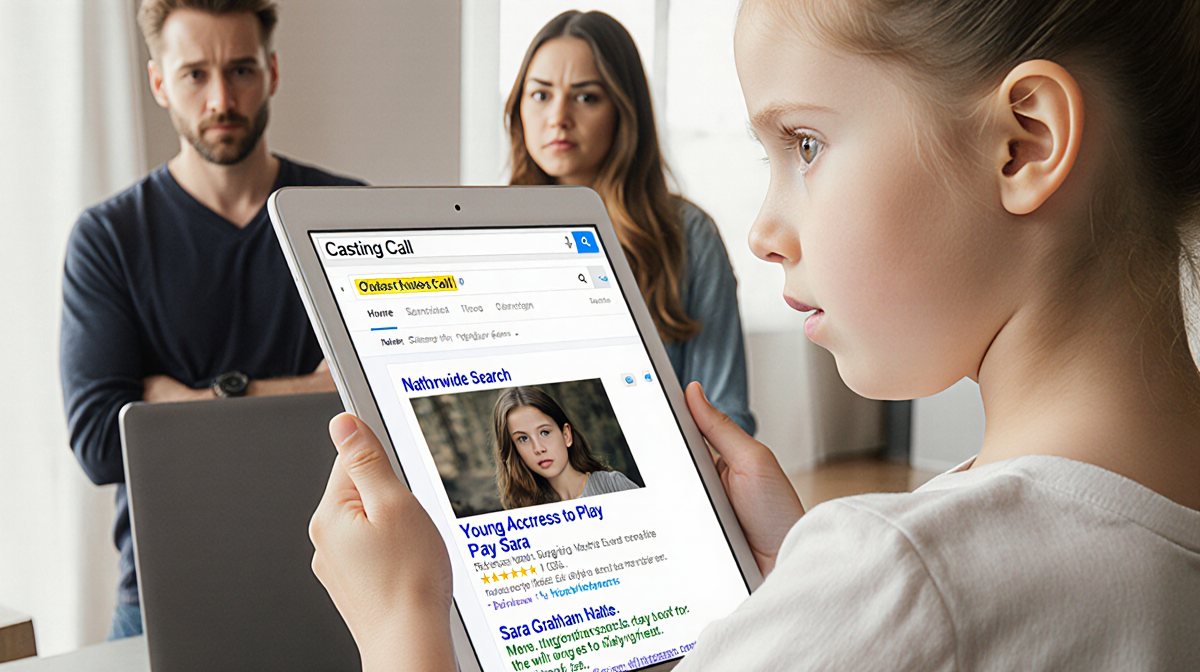 Young girl searching casting call for young actress with tablet and surprised parents watching