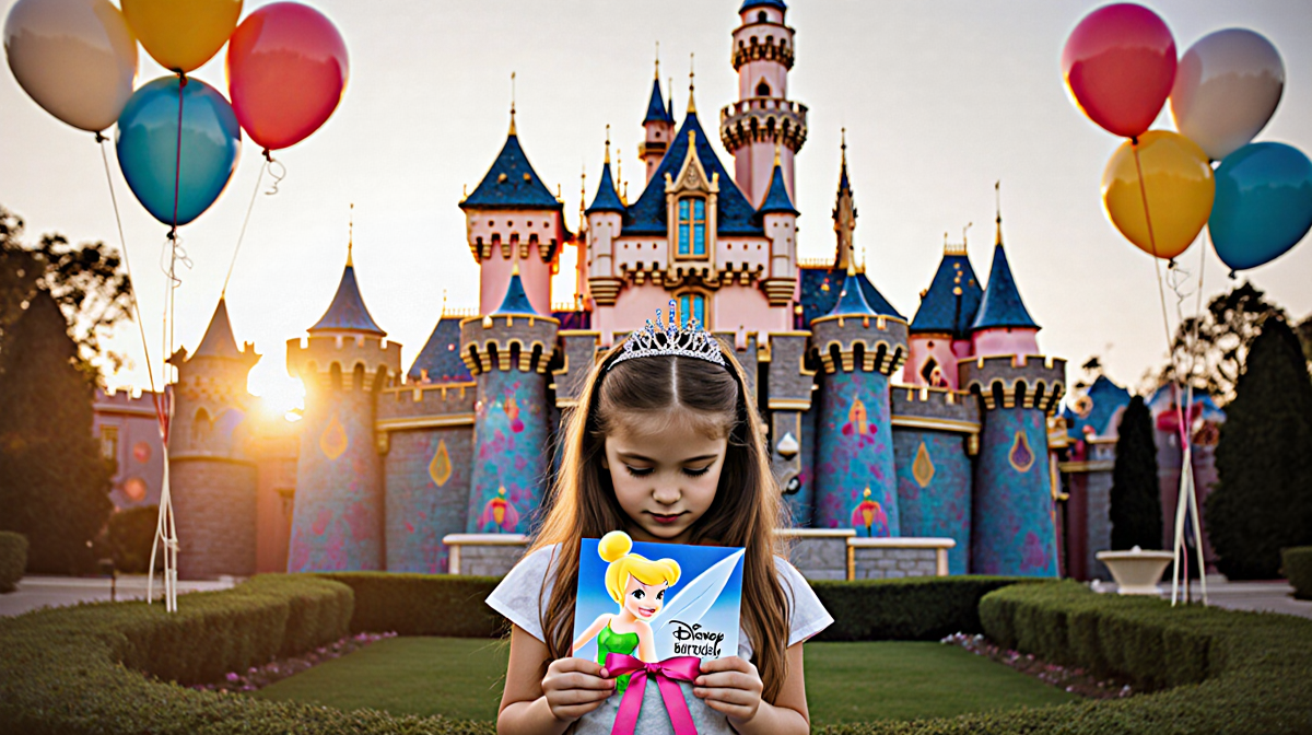 Young girl holding a Tinkerbell birthday invitation with Disney balloons near Sleeping Beauty Castle at sunset.