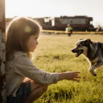 Young girl kneeling by fence reaching for escaped dog with train wreckage and rescue workers in background