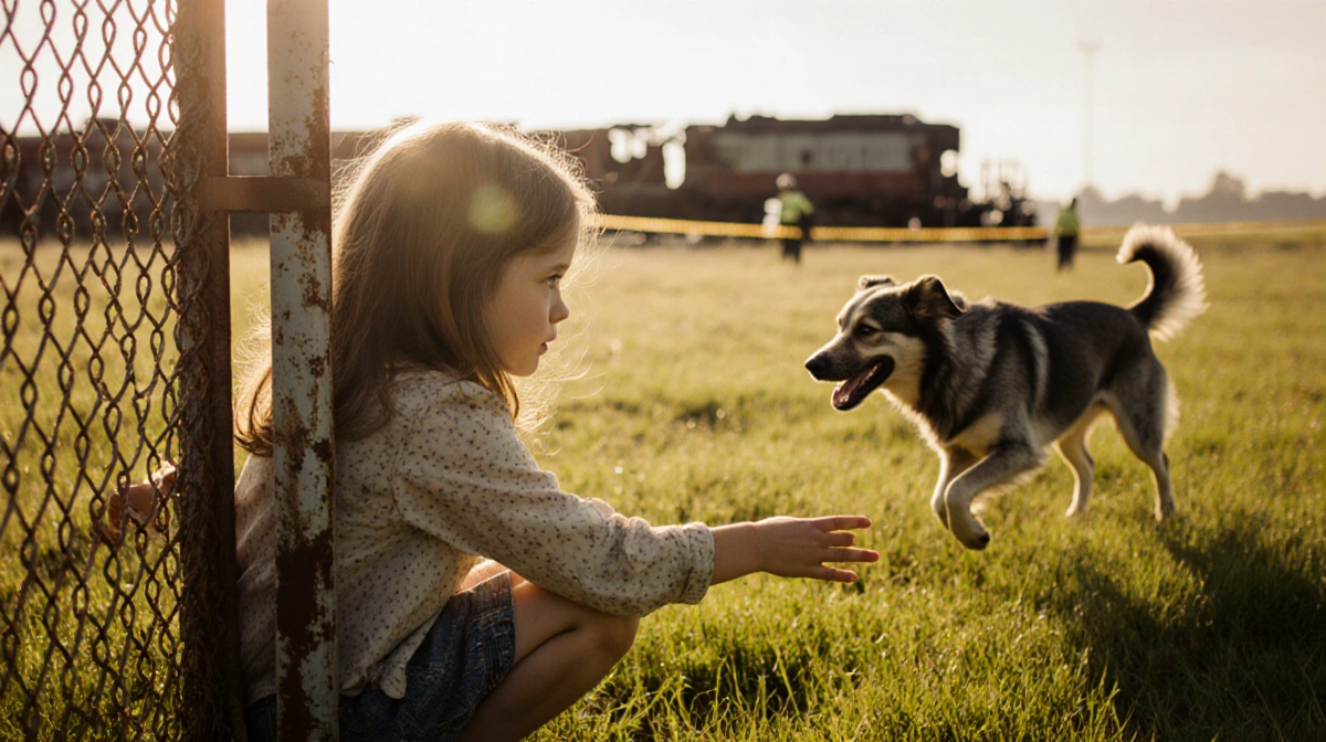 Young girl kneeling by fence reaching for escaped dog with train wreckage and rescue workers in background