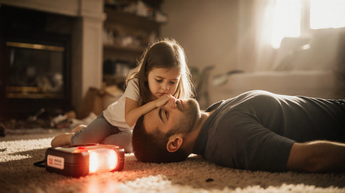 Young girl cradling her unconscious father