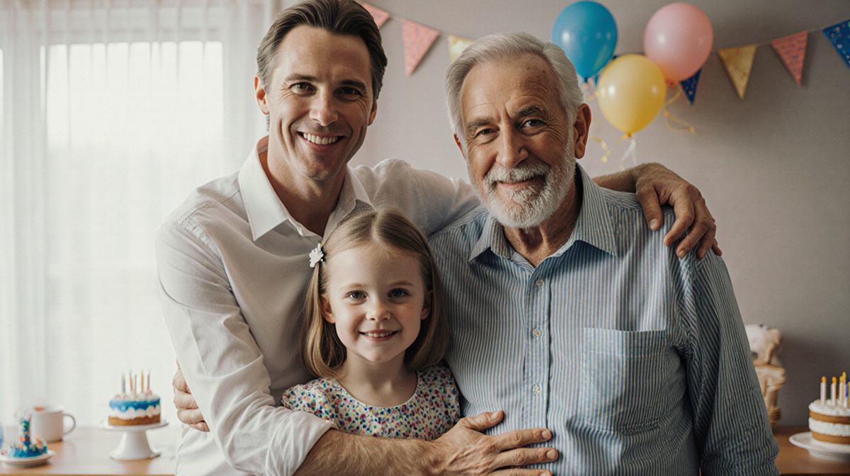 Annabel standing between her father and grandfather hugging each other with birthday balloons in soft natural light