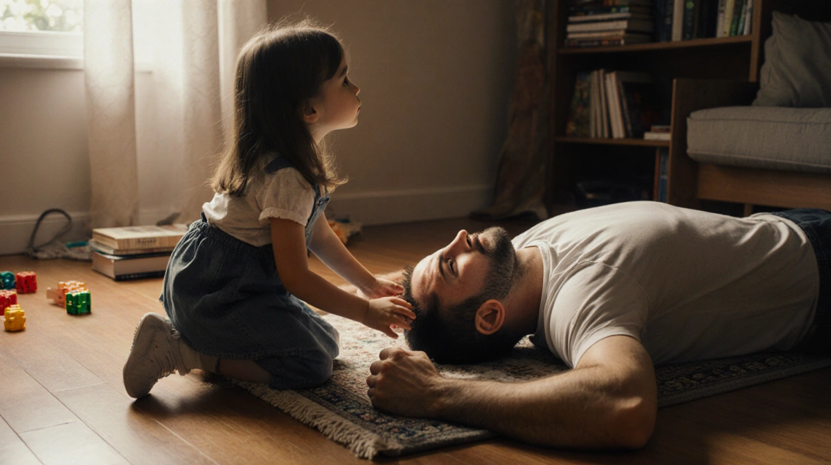 Young girl kneeling beside unconscious father and holding his hand with books scattered on hardwood floor