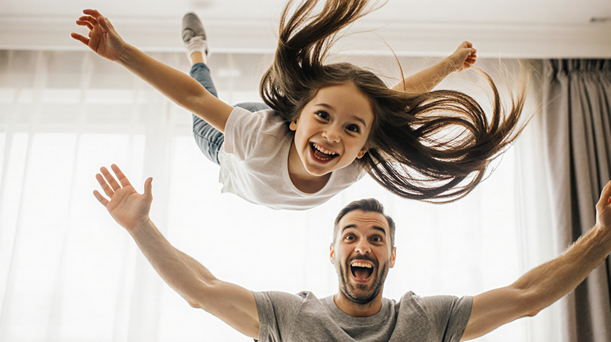 Girl suspended midair in acrobatic pose by long hair with a mischievous grin while father cheers in bright airy room.