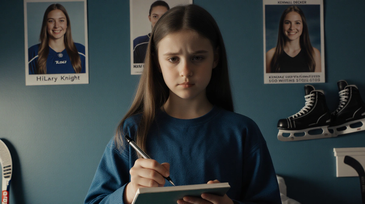 Young girl holding notebook with determination in front of hockey star posters with skates nearby