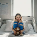 A 9-year-old girl sits in hospital bed with blue cast on legs and worn stuffed animal in hands