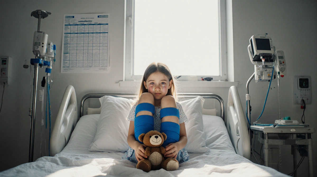 A 9-year-old girl sits in hospital bed with blue cast on legs and worn stuffed animal in hands