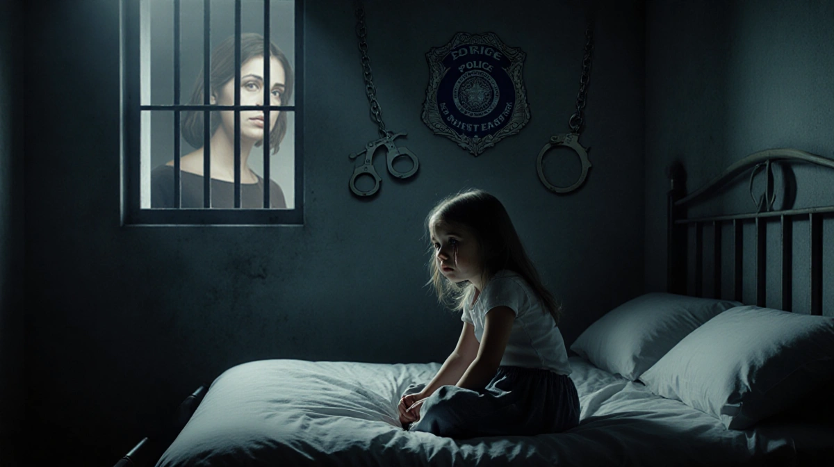 Young girl sits on jail bed with tears in eyes and police badge with handcuffs on wall