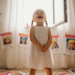 4‑year‑old girl stands proud in her bedroom with colorful missing posters on the wall and floor and light window smile