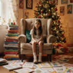 Young girl sits reading surrounded by colorful storybooks and handmade illustrations with Christmas tree glowing behind her