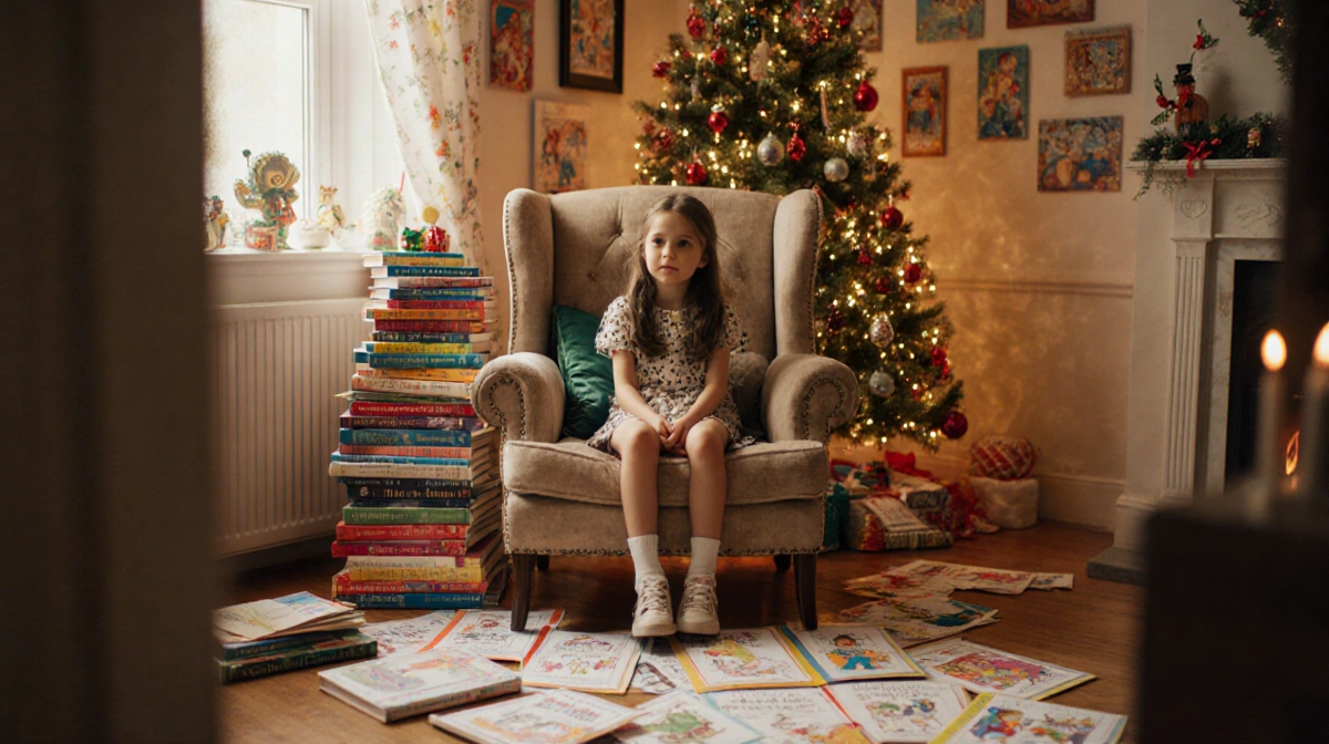 Young girl sits reading surrounded by colorful storybooks and handmade illustrations with Christmas tree glowing behind her