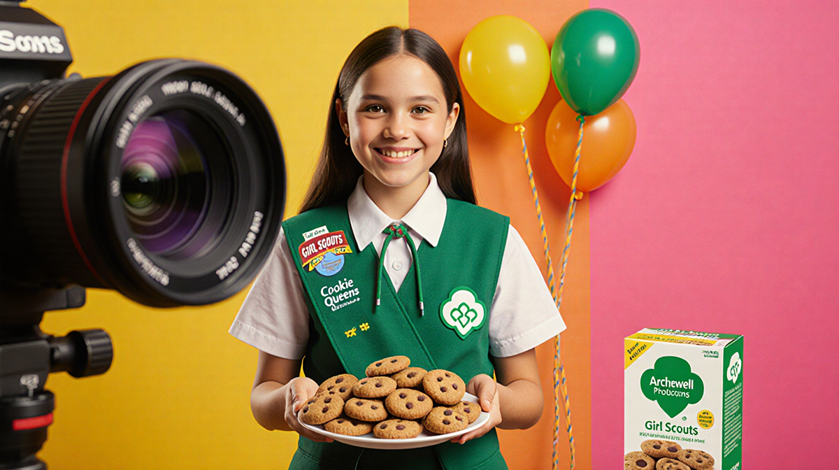 Girl Scout holding a plate of cookies with uniform and smile and colorful backdrop and blurred lens foreground and Archewell