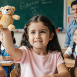 Girl nervously presenting stuffed animal with classmates watching and Daniel proud in background
