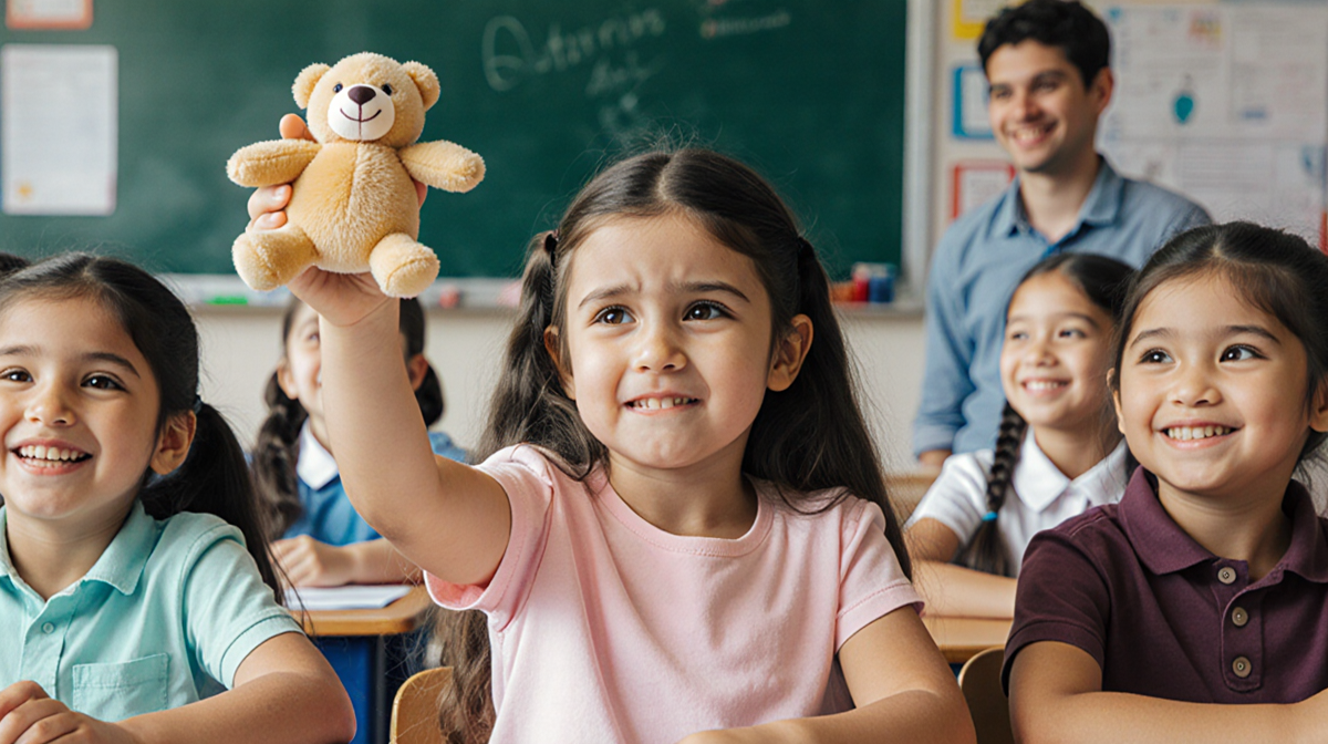 Girl nervously presenting stuffed animal with classmates watching and Daniel proud in background