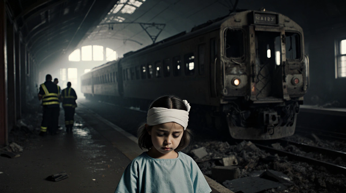 Young girl with bandaged head stands beside broken train carriage with debris and faint hope light.