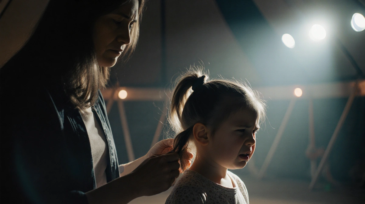 Young girl grimacing while mother untangles her knotted ponytail with dim circus tent lights overhead