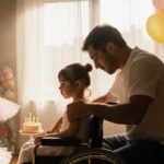 Father comforts daughter in wheelchair with ballet tutus and birthday balloons nearby