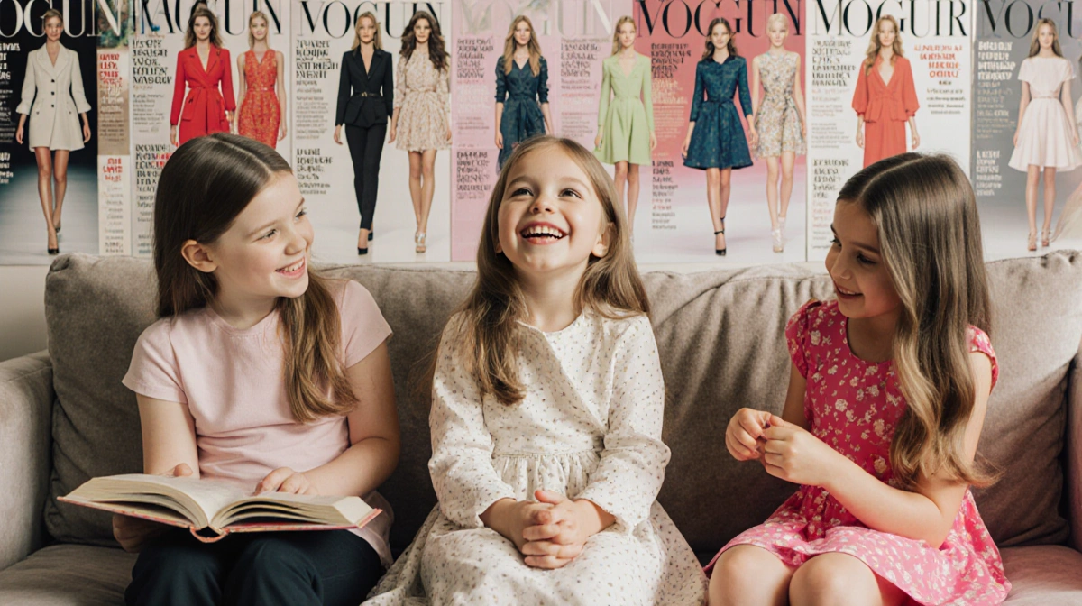 Three girls sit together on couch with Jett smiling up at mother while Hannah reads book and Delilah plays dress-up with fash