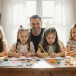 Four girls painting writing and building at sunlit table with art supplies and family photos showing creative kids activities