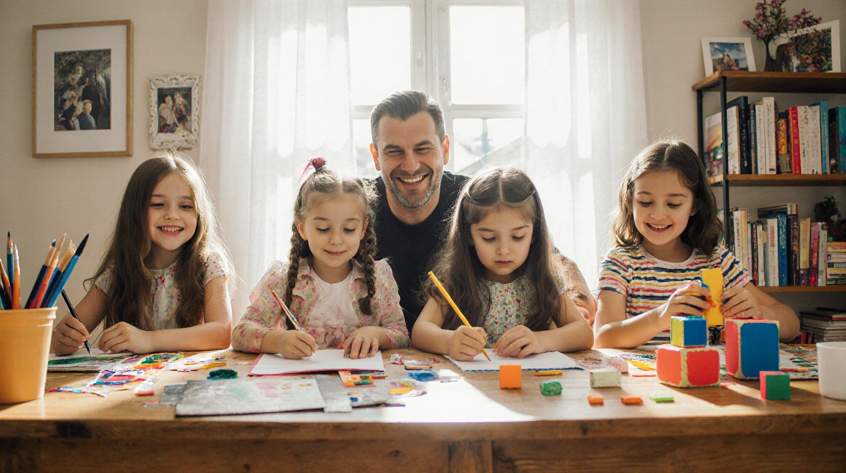 Four girls painting writing and building at sunlit table with art supplies and family photos showing creative kids activities