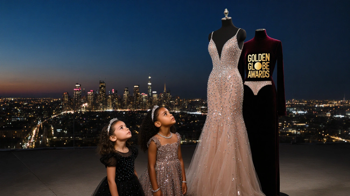 Two young girls admire their mother's Golden Globes gown with sequins and diamonds sparkling against the city lights at dusk