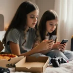 Two girls relax on bed with phones and pizza boxes while suitcase and travel brochures hint at vacation plans