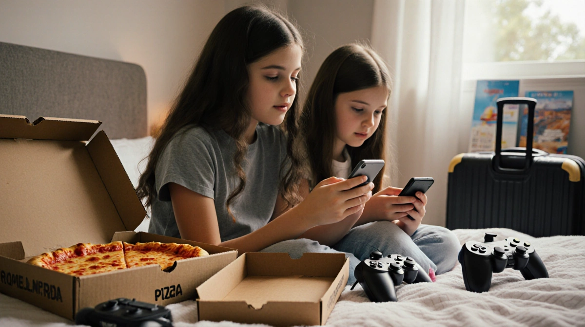 Two girls relax on bed with phones and pizza boxes while suitcase and travel brochures hint at vacation plans
