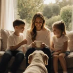 Gisele Bündchen smiles with her three children and dog on couch with garden view through window