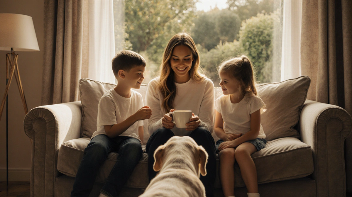 Gisele Bündchen smiles with her three children and dog on couch with garden view through window