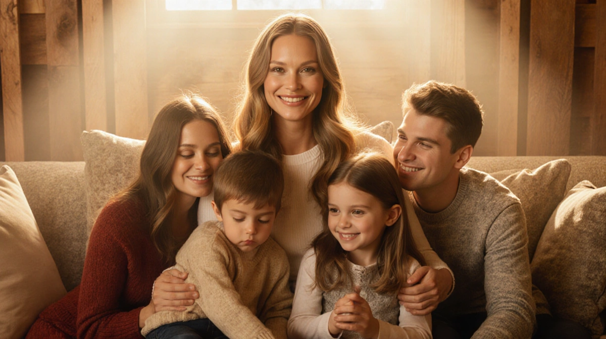 Gisele Bündchen sits with her family of five in golden light with natural wood textures showing warmth and gratitude