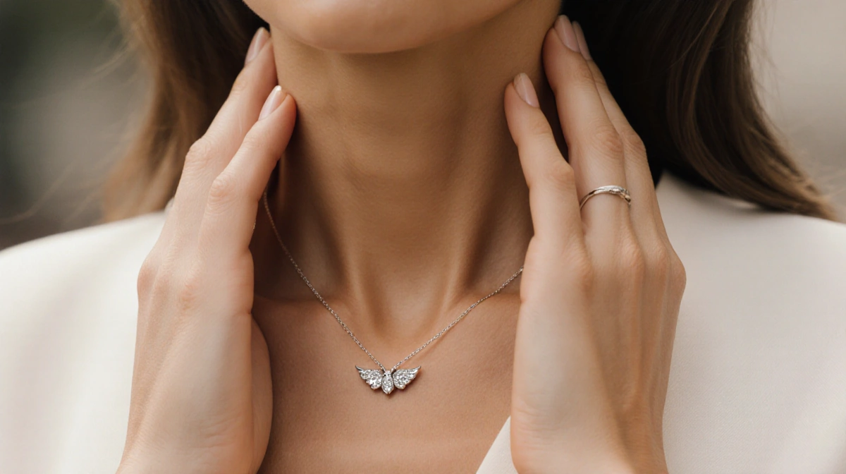 Gisele Bündchen cradles her neck with elegant hands and a delicate diamond wing necklace sparkling in soft light