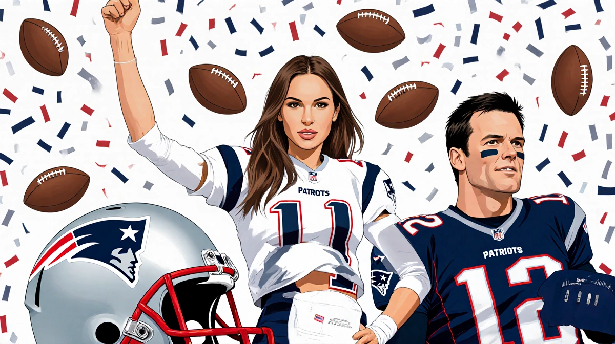Gisele Bündchen stands triumphantly with Patriots helmet and footballs while Tom Brady's number 12 appears in the background