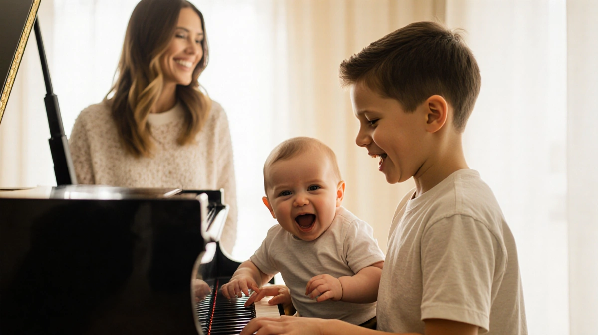 Teenage boy playing piano with baby brother on his lap and mother smiling in the background