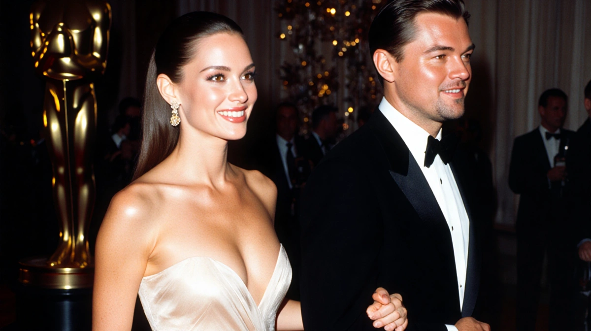 Gisele Bündchen and Leonardo DiCaprio walking the red carpet together with Gisele wearing an elegant evening gown and both sm