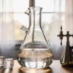 Glass still pot resting on wooden table with crystal clear distilled water glowing in warm natural light.