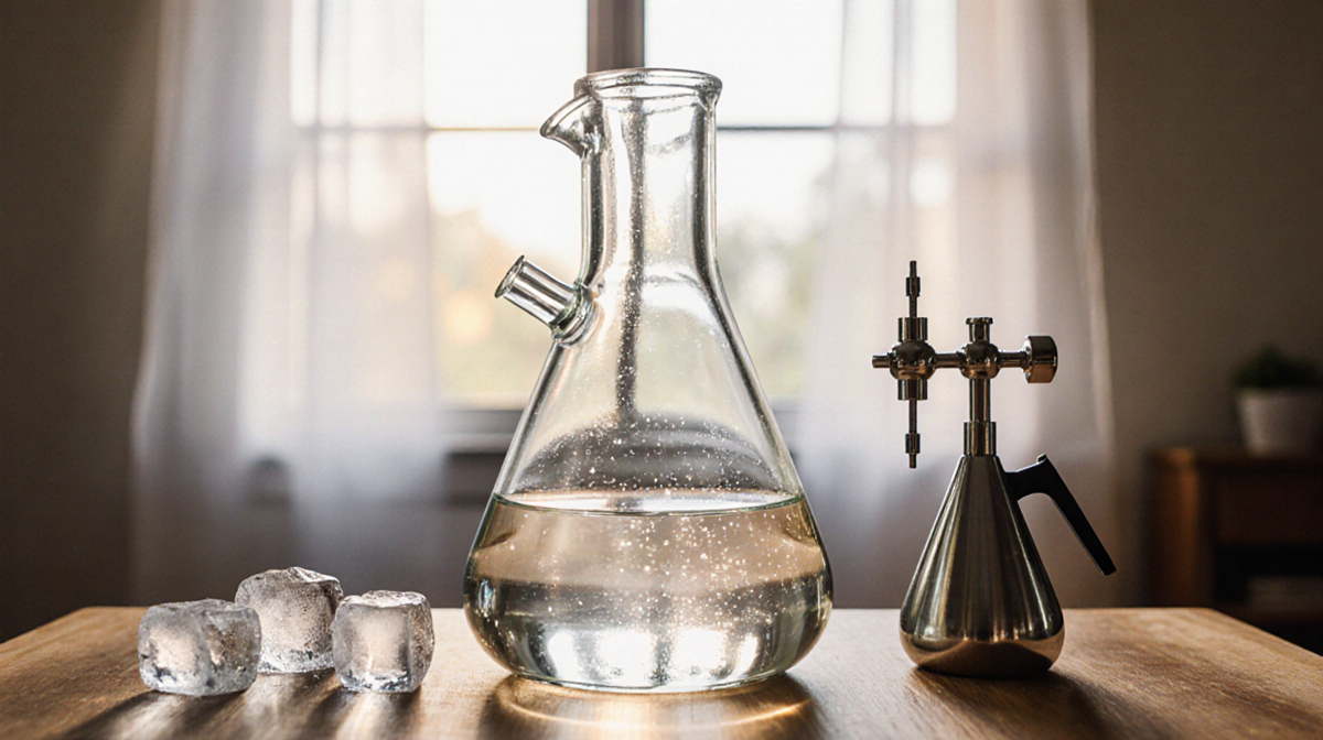 Glass still pot resting on wooden table with crystal clear distilled water glowing in warm natural light.