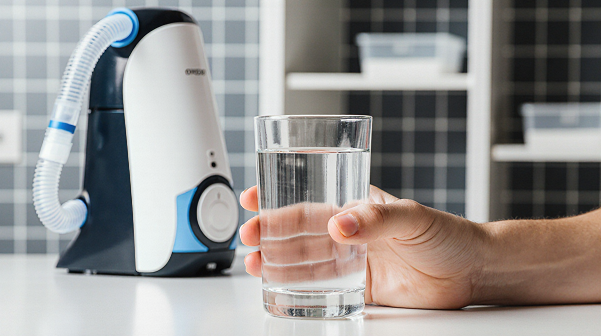 Person holding a glass of clear water on a kitchen counter with a CPAP machine and humidifier near a storage unit