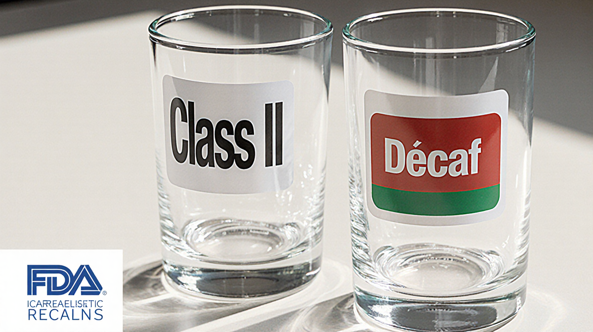 Glasses show Class II and Decaf stickers with FDA logo near bottom corner.