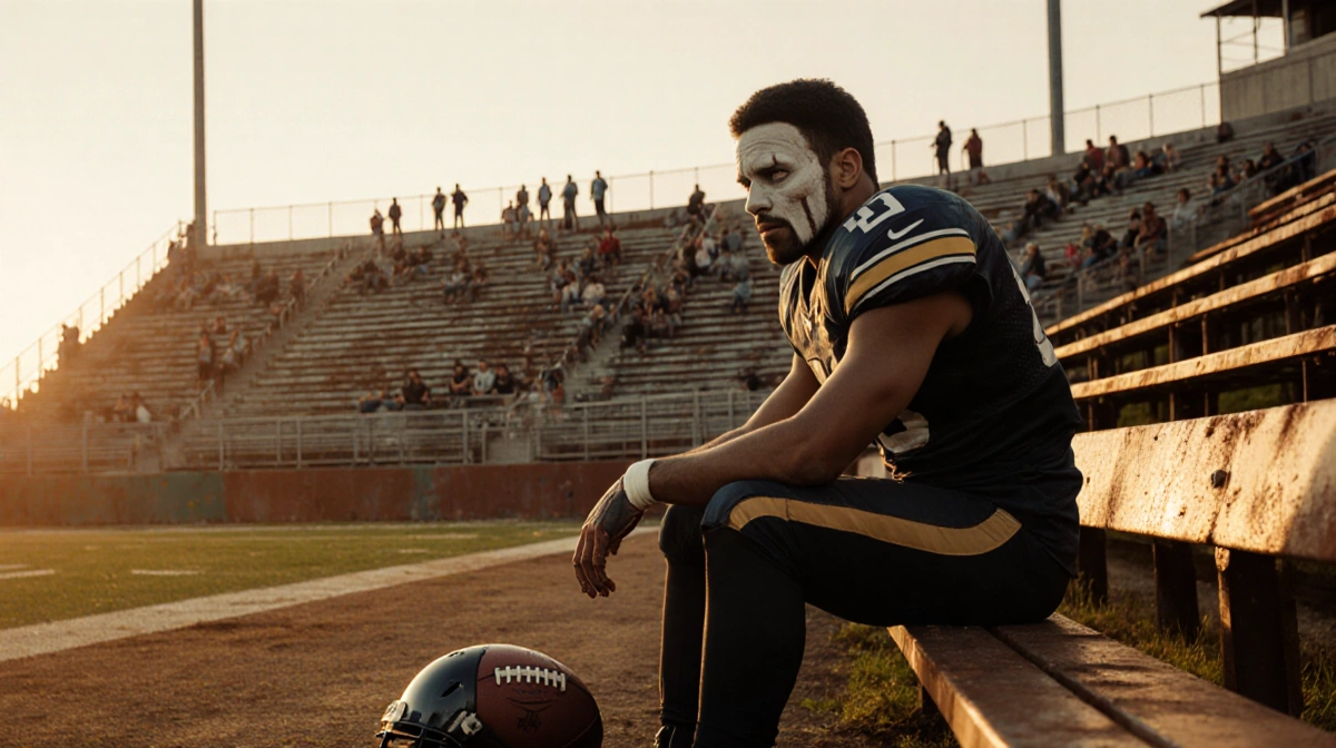 Glen Powell as Chad Powers sitting on worn football bench with golden sunset and empty stadium bleachers behind