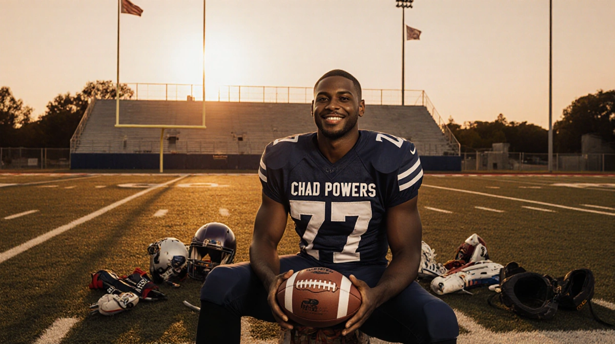 Glen Powell sits on football field holding ball with Chad Powers jersey and goalposts behind at sunset