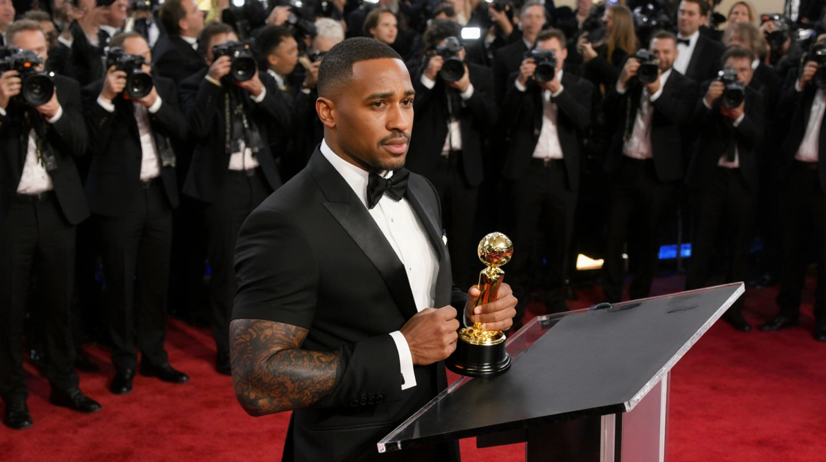 Glen Powell accepts Golden Globe Award at podium with bruised arms and flashing cameras behind